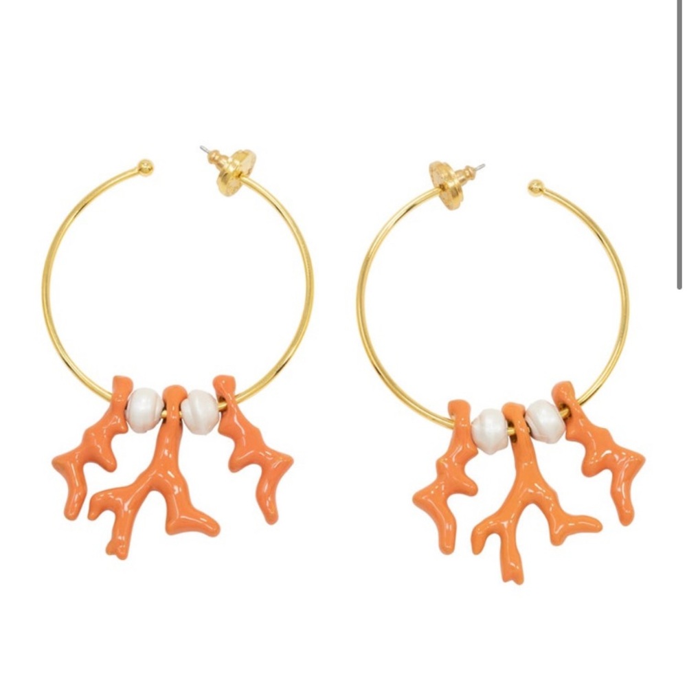 Oscar de la Renta Gold, Coral, and Pearl Dangle Hoop Earrings
